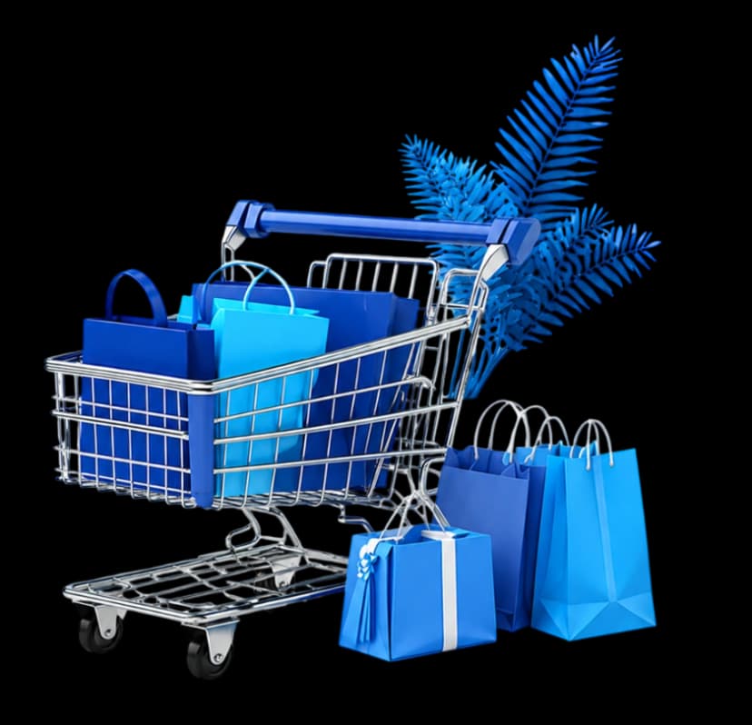Shopping cart full of blue shopping bags