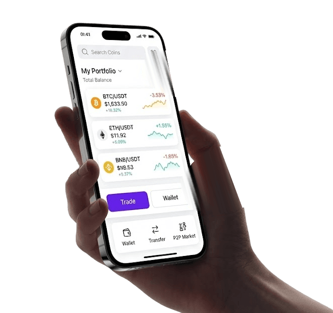 Hand holding a phone with a crypto portfolio app, surrounded by Bitcoin, Ethereum, BNB and Tether coins